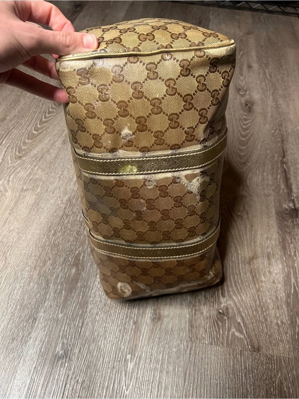 Gucci Crystal Top Handle Brown Beige GG Monogram Satchel with Gold Trim